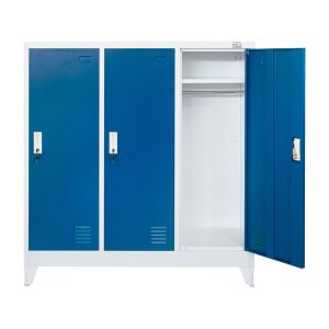 Гардероб RFG, метален, троен, с три врати, 120 х 40 х 120 cm, бял, със сини врати