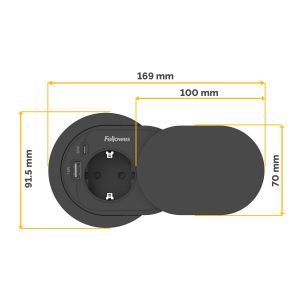 Разклонител Fellowes Ampra Power Spot, шуко, 1 гнездо, 1 USB Type-A, 1 USB Type-C, черен