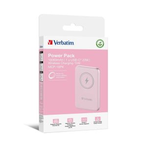 Външна батерия Verbatim Charge 'n' Go, магнитна, 10000 mAh, USB Type-C, розова