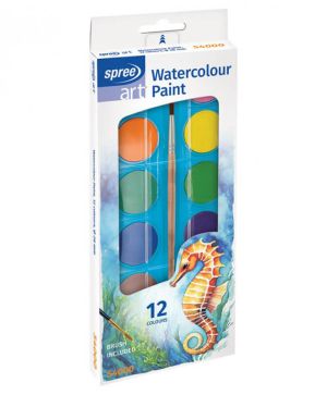 Водни бои Spree art, 12 цвята, с четка, картонена кутия