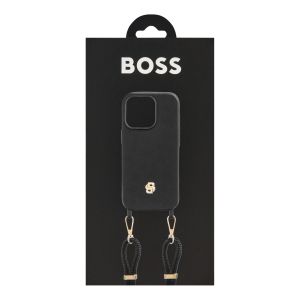 Hugo Boss Калъф за телефон, за iPhone 16 Pro, с връзка, черно-златист