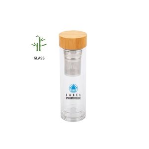 Office 1 Бутилка Zen, двустенна, стъклена, с цедка и бамбуков капак, 450 ml