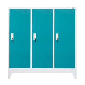 Гардероб RFG, метален, троен, с три врати, 120 х 40 х 120 cm, бял, с тюркоазени врати