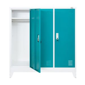 Гардероб RFG, метален, троен, с три врати, 120 х 40 х 120 cm, бял, с тюркоазени врати