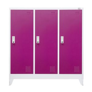 Гардероб RFG, метален, троен, с три врати, 120 х 40 х 120 cm, бял, с лилави врати