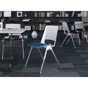 Посетителски стол RFG Sweet Chrome White, дамаска и полипропилен, до 120 kg, син, 4 броя в комплект