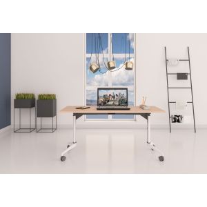 Конферентна маса RFG Flip, 160 x 80 x 74 cm, мобилна, сгъваема, правоъгълен плот, ПДЧ 25 mm, кехлибарен дъб, бели метални крака