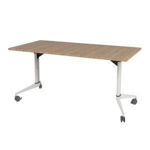 Конферентна маса RFG Flip, 140 x 80 x 74 cm, мобилна, сгъваема, правоъгълен плот, ПДЧ 25 mm, кехлибарен дъб, бели метални крака