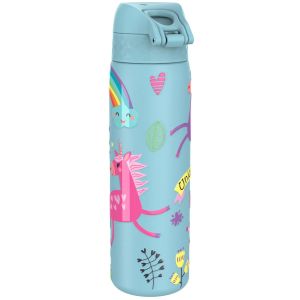 Бутилка за вода Ion8 Print, метална, 600ml, ЕДНОРОЗИ СИН