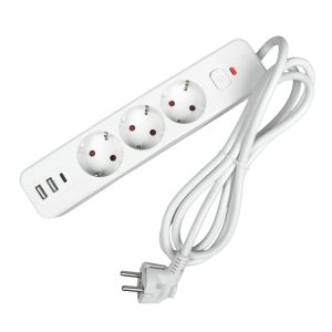 Разклонител Office 1, шуко, 3 гнезда, 1.8 m кабел, 2 USB Type-A, 1 USB Type-C, с ключ, бял