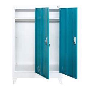 Гардероб RFG, метален, двоен, с две врати, 80 х 40 х 120 cm, бял, с тюркоазени врати