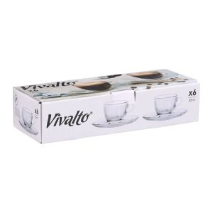 Чаша за кафе Vivalto, с чинийка, стъклена, 85 ml, 6 броя