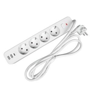 Разклонител Office 1, шуко, 4 гнезда, 1.8 m кабел, 2 USB Type-A, 1 USB Type-C, с ключ, бял