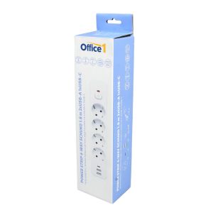 Разклонител Office 1, шуко, 4 гнезда, 1.8 m кабел, 2 USB Type-A, 1 USB Type-C, с ключ, бял