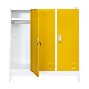 Гардероб RFG, метален, троен, с три врати, 120 х 40 х 120 cm, бял, с жълти врати