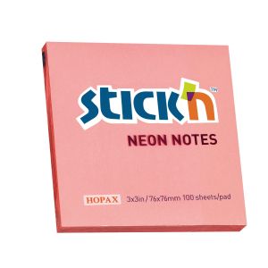 Stick'n Самозалепващи се листчета, 76x76 mm, неонови, розови, 100 листа