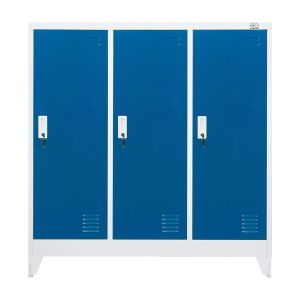 Гардероб RFG, метален, троен, с три врати, 120 х 40 х 120 cm, бял, със сини врати