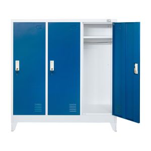 Гардероб RFG, метален, троен, с три врати, 120 х 40 х 120 cm, бял, със сини врати
