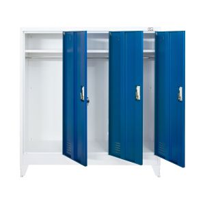 Гардероб RFG, метален, троен, с три врати, 120 х 40 х 120 cm, бял, със сини врати