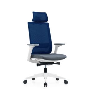 Ергономичен стол RFG Meteor X White HB, дамаска и меш, до 130 kg, сива седалка, синя облегалка