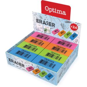 Гума Optima Neo, неонови цветове, дисплей 24 броя
