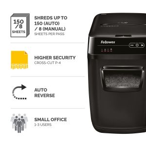 Шредер за унищожаване на документи Fellowes AutoMax 150C, Cross-Cut, 32 L, P-4, време за работа 12 мин, време за почивка 25 мин, ниво на шум 65 dB