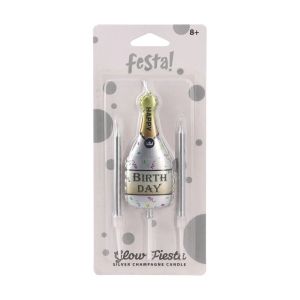 Свещ за торта Festa, Happy Birthday, форма на шампанско, сребриста