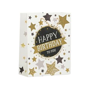 Подаръчна торбичка Happy Birthday, звезди, 26 х 32 х 10 cm бяла