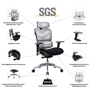 Ергономичен стол RFG TECH@GAMES, Multi-function механизъм, до 250 kg, черна седалка, бяло-черна облегалка