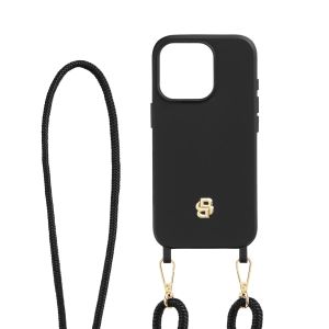 Hugo Boss Калъф за телефон, за iPhone 16 Pro, с връзка, черно-златист
