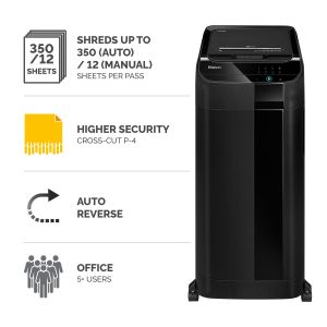 Шредер за унищожаване на документи Fellowes Auto Max 350C, автоматично захранващ се, P-4, обем на коша 68 L, време за работа 45 мин, Cross-Cut