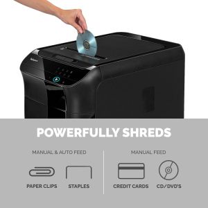 Шредер за унищожаване на документи Fellowes Auto Max 350C, автоматично захранващ се, P-4, обем на коша 68 L, време за работа 45 мин, Cross-Cut