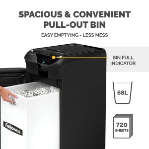 Шредер за унищожаване на документи Fellowes Auto Max 350C, автоматично захранващ се, P-4, обем на коша 68 L, време за работа 45 мин, Cross-Cut