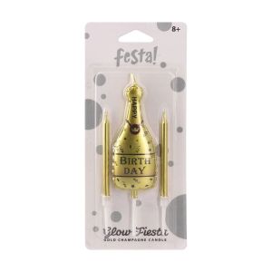 Свещ за торта Festa, Happy Birthday, форма на шампанско, златиста