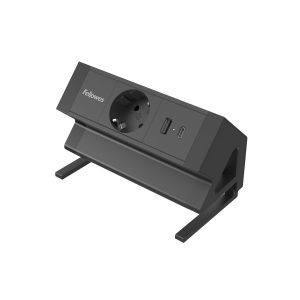 Разклонител Fellowes Ampra Power Desk, шуко, 1 гнездо, 1 USB Type-A, 1 USB Type-C, черен