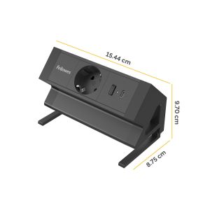 Разклонител Fellowes Ampra Power Desk, шуко, 1 гнездо, 1 USB Type-A, 1 USB Type-C, черен