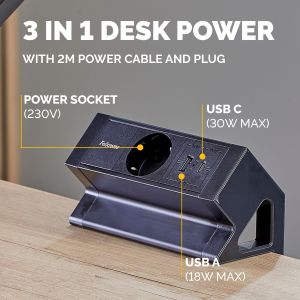 Разклонител Fellowes Ampra Power Desk, шуко, 1 гнездо, 1 USB Type-A, 1 USB Type-C, черен