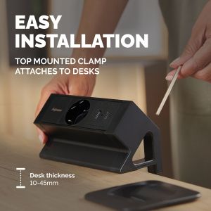 Разклонител Fellowes Ampra Power Desk, шуко, 1 гнездо, 1 USB Type-A, 1 USB Type-C, черен