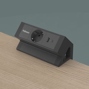 Разклонител Fellowes Ampra Power Desk, шуко, 1 гнездо, 1 USB Type-A, 1 USB Type-C, черен