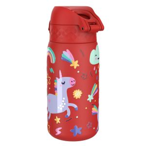 Бутилка за вода Ion8 Print, метална, 400ml, ЕДНОРОЗИ ЧЕРВЕН