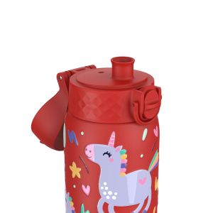 Бутилка за вода Ion8 Print, метална, 400ml, ЕДНОРОЗИ ЧЕРВЕН