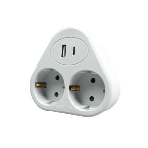 Разклонител Office 1, шуко, 2 гнезда, 1 USB Type-A, 1 USB Type-C, бяло-сив