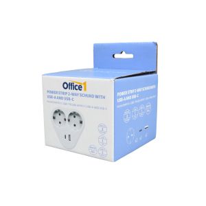 Разклонител Office 1, шуко, 2 гнезда, 1 USB Type-A, 1 USB Type-C, бяло-сив