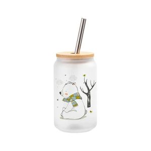 BESTSUB Чаша Frost, стъклена, с бамбуков капак и сламка, 400 ml