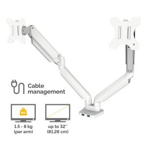 Стойка за 2 монитора Fellowes, с двойно рамо, до 8 kg, 32'', бяла