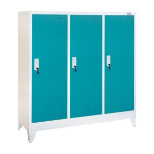 Гардероб RFG, метален, троен, с три врати, 120 х 40 х 120 cm, бял, с тюркоазени врати