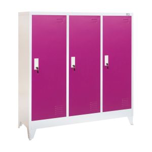 Гардероб RFG, метален, троен, с три врати, 120 х 40 х 120 cm, бял, с лилави врати