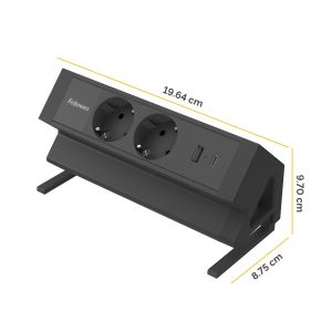 Разклонител Fellowes Ampra Power Desk, шуко, 2 гнезда, 1 USB Type-A, 1 USB Type-C, черен