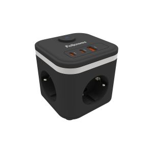 Разклонител Fellowes Ampra Power Cube, шуко, 3 гнезда, 1 USB Type-A, 2 USB Type-C, черен