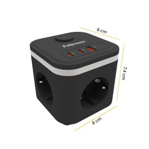 Разклонител Fellowes Ampra Power Cube, шуко, 3 гнезда, 1 USB Type-A, 2 USB Type-C, черен